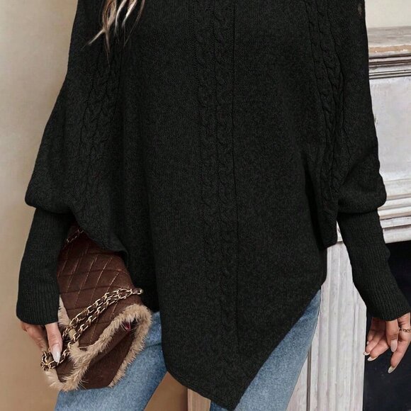 Black Casual Women's Turtleneck Batwing Sleeve Button Detail Poncho Sweater top - Picture 4 of 7
